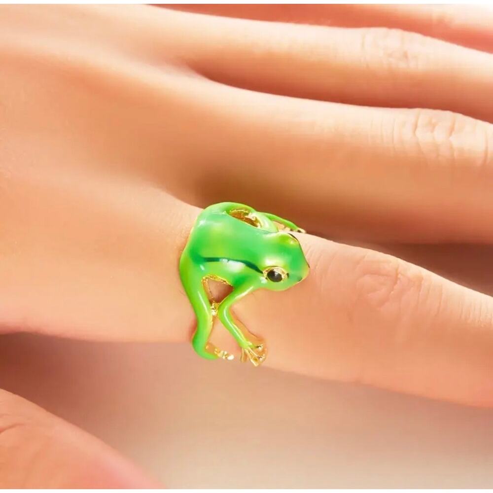 14K Gold Plated Green Frog Adjustable Ring, Funny Cute Gift, Cute Hip Hop Style